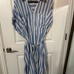 Blue and White Striped Button-Up linen Dress